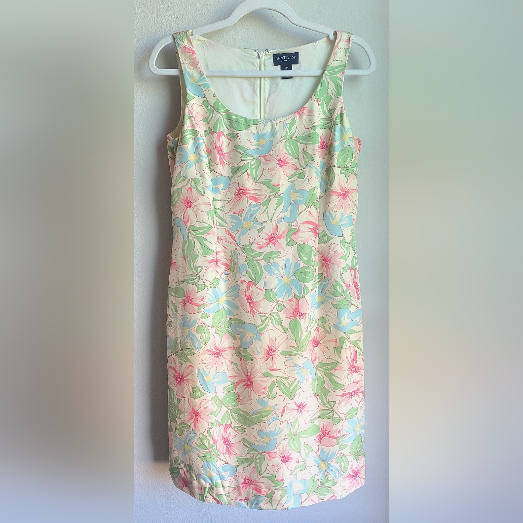 Ann Taylor - Women’s Silk Sleeveless Soft Yellow Pink Green Sheath Dress, Sz 10.